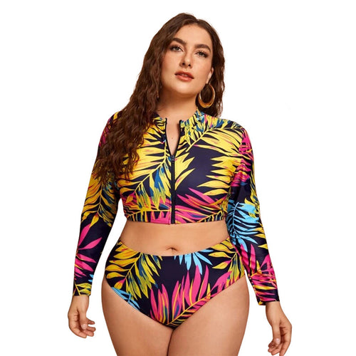 Damen Surf-Bikini-Set mit langärmligem Oberteil und buntem Palmendruck EB