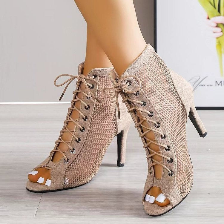 Damen Peeptoe Stiefeletten mit atmungsaktivem Netzdesign und elegantem Lace-Up EB