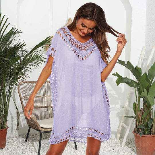 Damen Häkel-Strandüberwurf mit elegantem V-Ausschnitt und fransigen Details EB