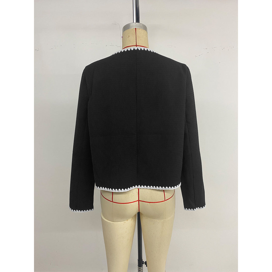Damen elegante kurzärmelige Blazerjacke mit kontrastierenden Paspelverzierungen und Taschen EB