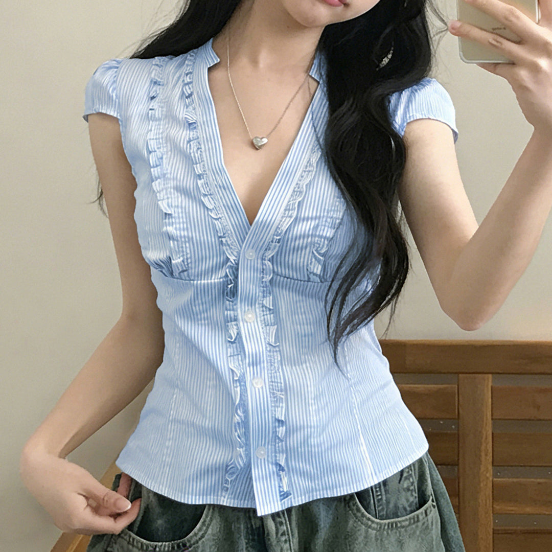 Damen Blusen Top mit Rüschendetails und figurbetontem Schnitt EB