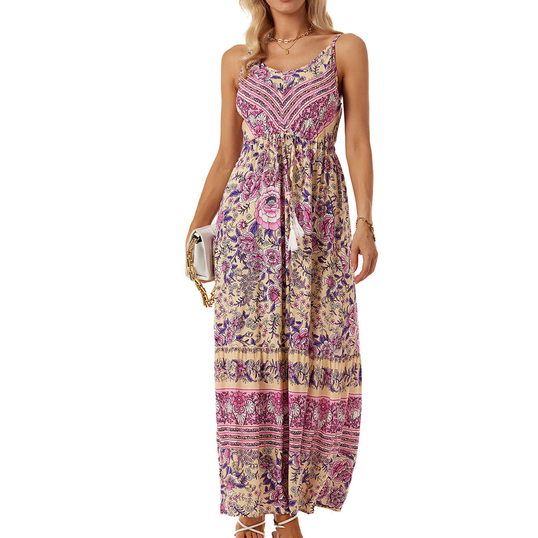 Damen Langes Sommerkleid mit buntem Blumenmuster und taillierbarem Bandeau EB