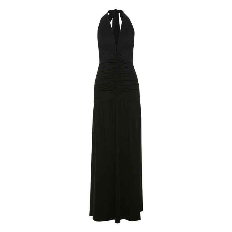 Damen Maxi Kleid mit gerafftem Design und tiefem V-Ausschnitt EB