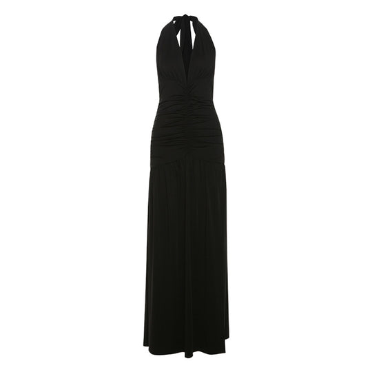 Damen Maxi Kleid mit gerafftem Design und tiefem V-Ausschnitt EB