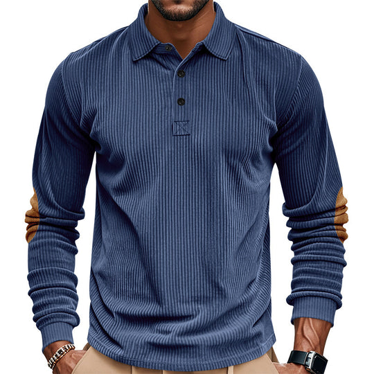 Herren nan schwerer gerippter Baumwoll-Polo-Pullover mit Kentkragen dreifach-Knopfleiste und Wildleder-Ellenbogenpatches EB
