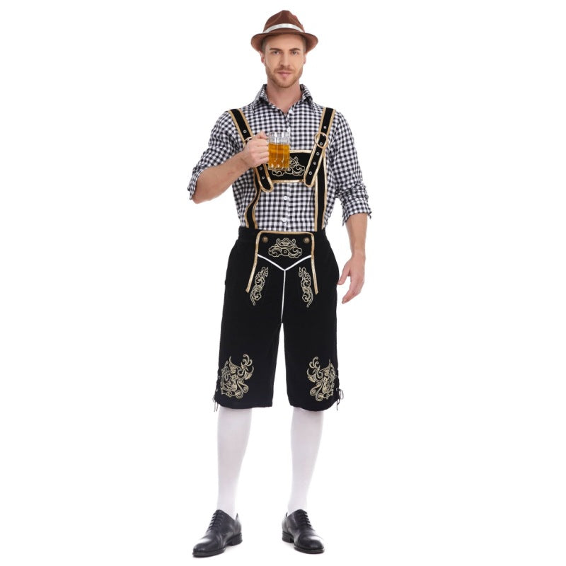 Herren nan Filzoptik-Lederhose knielang mit barocker Stickerei, verstellbaren Trägern und Dekornieten EB