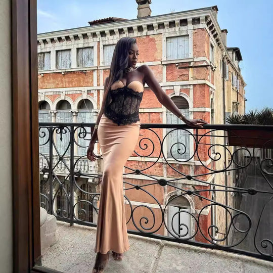 Damen Abendkleid mit elegantem Bustier und floralem Spitzenoberteil EB