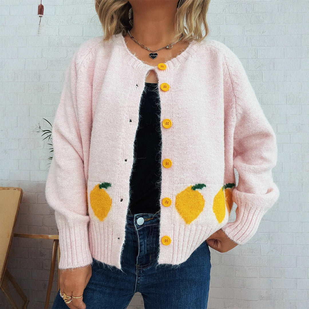 Damen Strickjacke mit fruchtigem Motiv und Knopfdetails EB