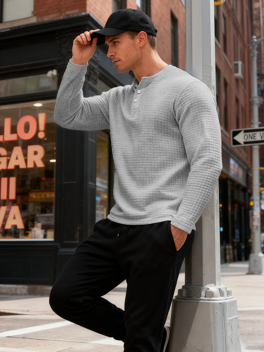 Herren nan strukturiertes Henley-Langarmshirt aus Waffelstrick mit Stehkragen und schmaler Silhouette EB