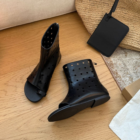 Damen Offene Stiefel mit perforiertem Design und elastischem Riemen EB
