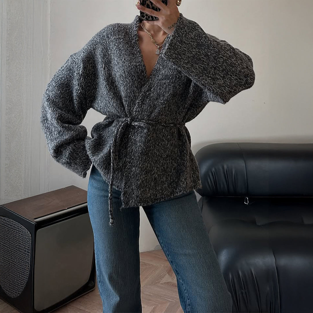 Damen nan oversize Bouclé-Strickjacke mit Taillengürtel und Kimonoärmeln EB
