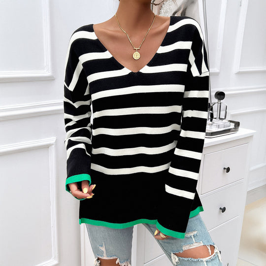 Damen nan gestreifter V‑Neck Feinstrickpullover mit verlängertem Tunika‑Schnitt und geripptem Saum EB