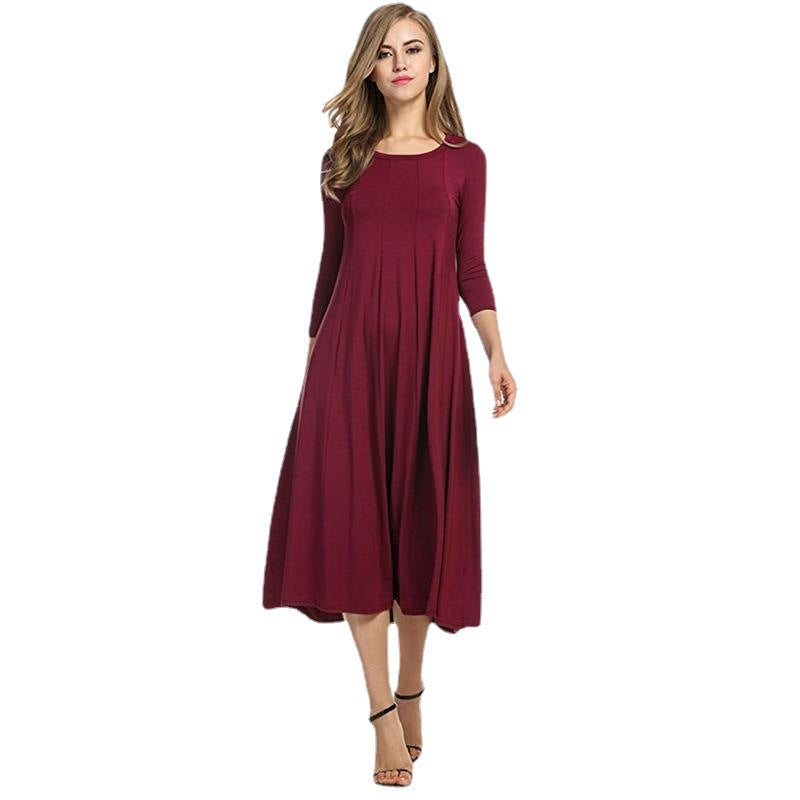 EB | Quadrat-Ausschnitt 3/4-Lange Uni-Farbe Midi-Kleid