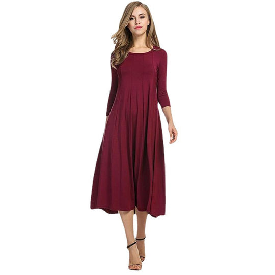 EB | Quadrat-Ausschnitt 3/4-Lange Uni-Farbe Midi-Kleid