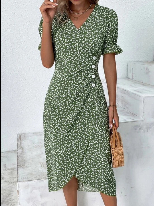 Damen Midikleid mit floralen Mustern und schmeichelndem V-Ausschnitt EB