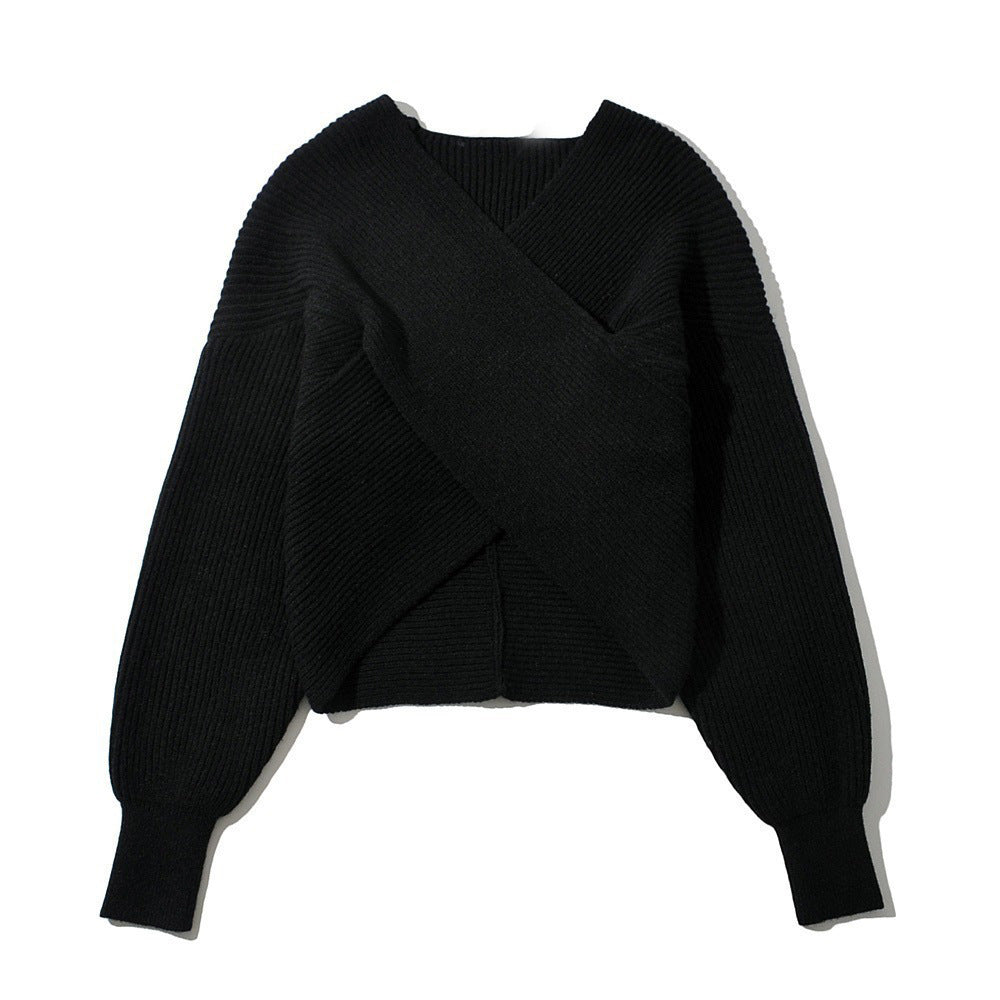 Damen cropped Wickelpullover aus strukturiertem Material EB