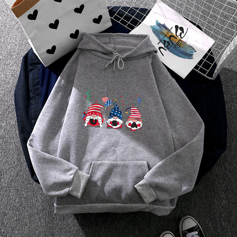 Damen nan Kapuzenpullover mit patriotischem Gartenzwerg-Print, angerautem Fleece-Innenfutter, Oversize-Schnitt und Kängurutasche EB