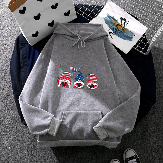 Damen nan Kapuzenpullover mit patriotischem Gartenzwerg-Print, angerautem Fleece-Innenfutter, Oversize-Schnitt und Kängurutasche EB
