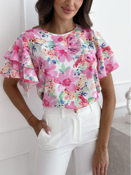 Damen Bluse mit Volants und floralem Muster EB