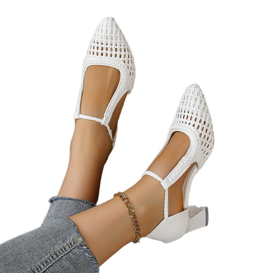 Damen elegante T-strap Sandaletten mit geflochtenem Design und komfortablem Blockabsatz EB