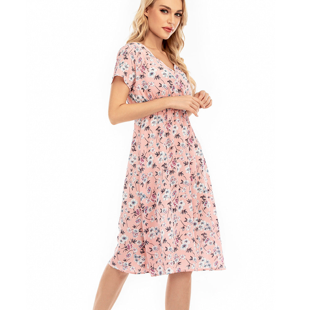 Damen Maxikleid mit floralen Mustern und elastischem Taillenbund EB