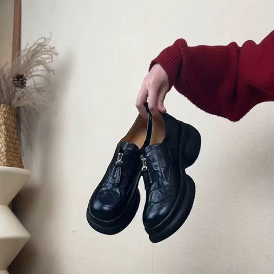 Damen Chunky Leder Sneakers mit praktischem Reißverschluss EB