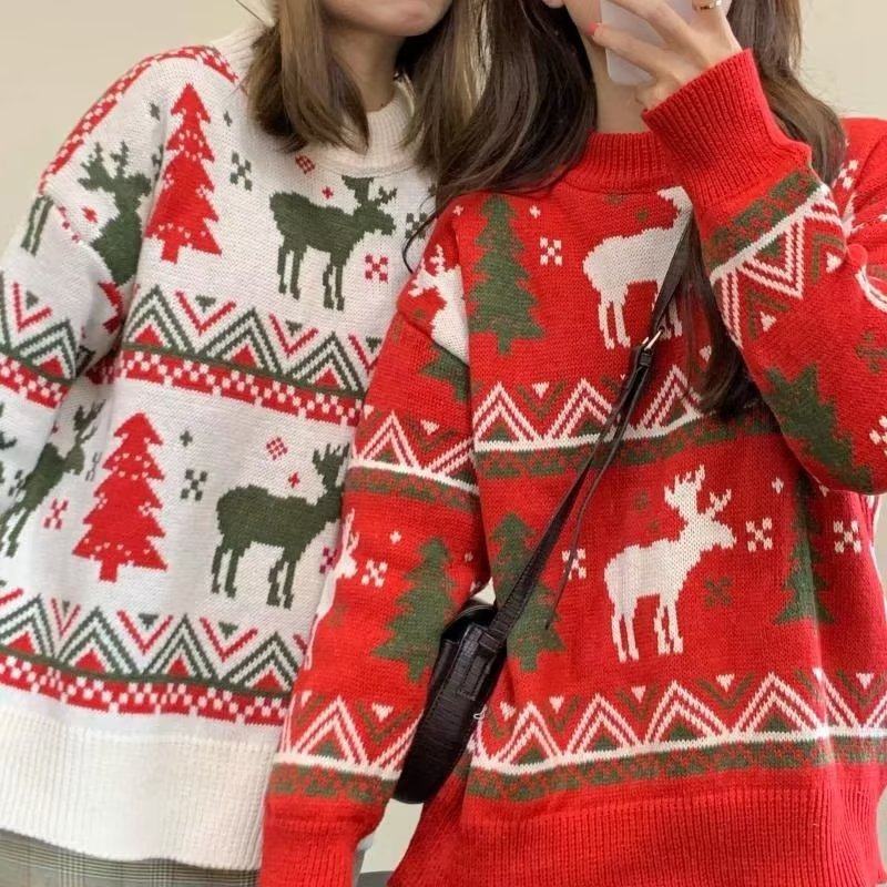 Damen Grobstrickpullover mit festlichem Rentier-Motiv und Rundhalsausschnitt EB
