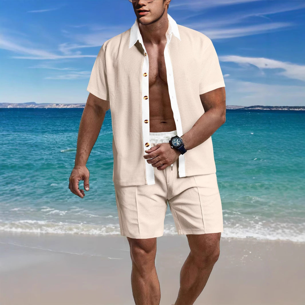 Herren nan modernes Freizeit-Set aus feinem Strukturjersey mit Hemdkragen-Knopfleiste und Kordel-Shorts EB