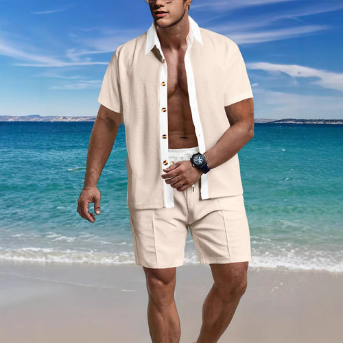 Herren nan modernes Freizeit-Set aus feinem Strukturjersey mit Hemdkragen-Knopfleiste und Kordel-Shorts EB