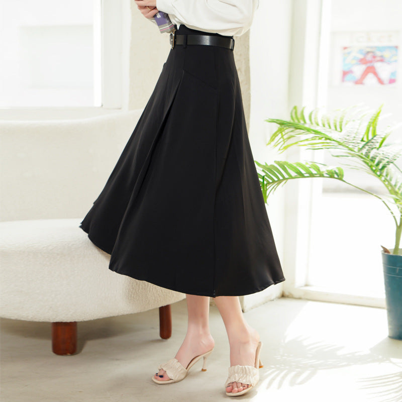 Damen  fließender Midirock mit weitem Tellerfall hoher Taille und Ziergürtel EB