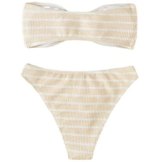 Damen Bandeau-Bikini mit modischem Streifenmuster und dekorativer Schnalle EB