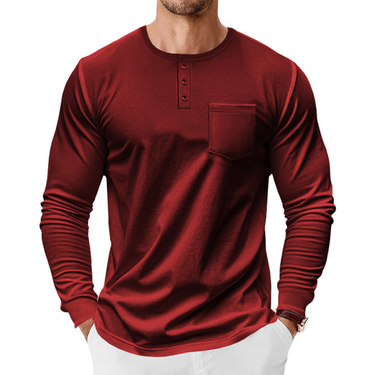 Herren nan Langarm-Henleyshirt mit Brusttasche und feinem Baumwollstretch-Schnitt EB