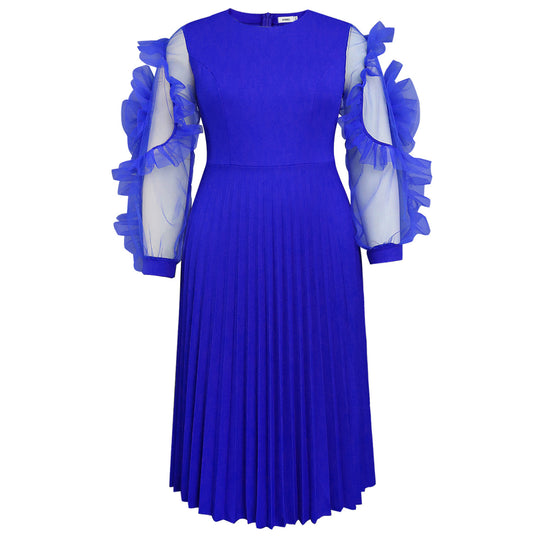 Damen plissiertes Kleid mit voluminösen Tüllärmeln EB