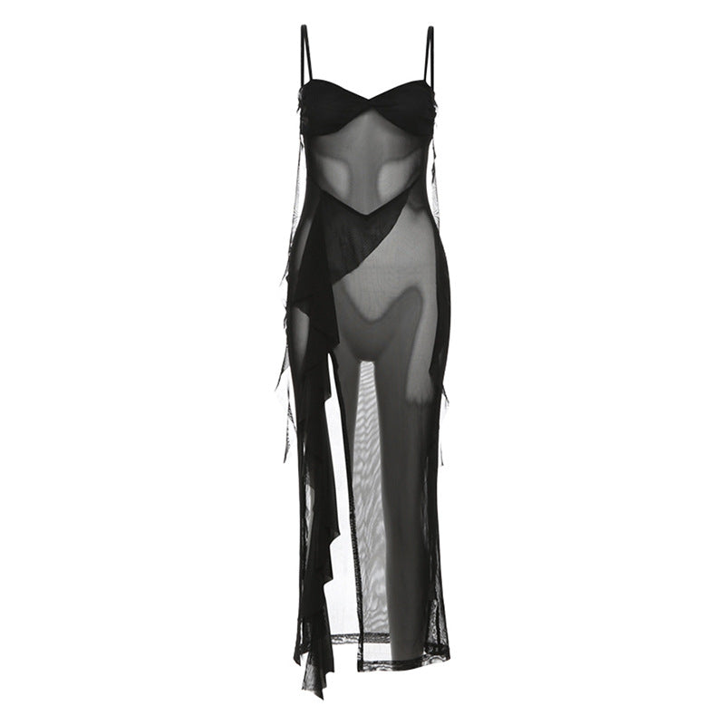 Damen transparenter Maxi-Strandanzug mit asymmetrischem Schnitt und Rüschen EB