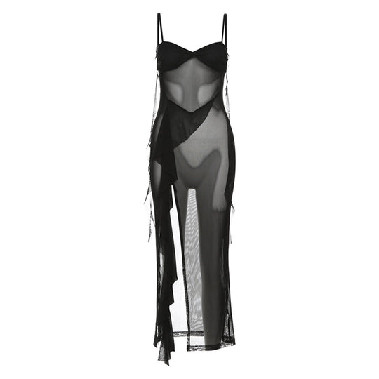 Damen transparenter Maxi-Strandanzug mit asymmetrischem Schnitt und Rüschen EB
