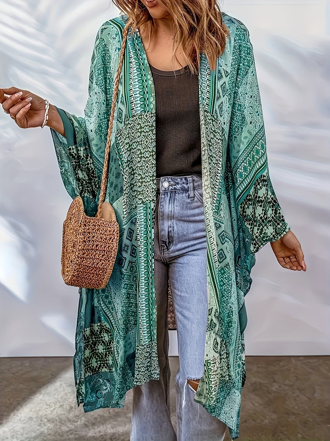 Damen Lässige Kimono-Jacke mit buntem Muster und weitem Schnitt EB