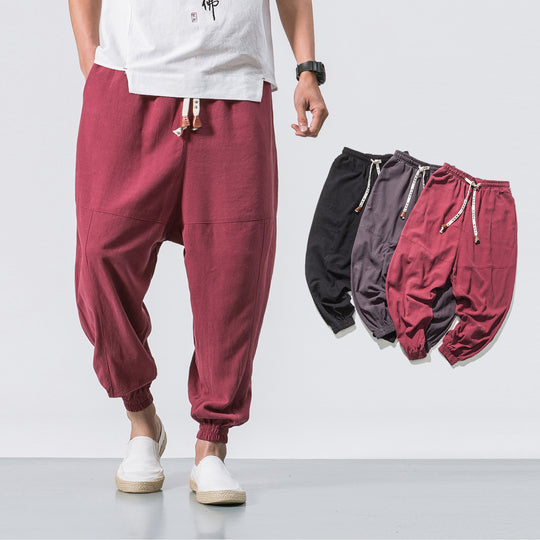 Herren nan relaxed Fit Leinen-Jogger mit Tunnelzug, eingesetzten Knieteilen und elastischen Bündchen EB
