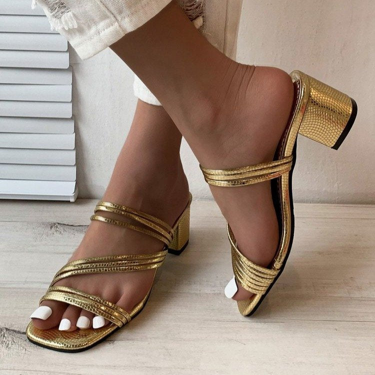Damen Mules mit elegantem Metallic-Obermaterial und komfortablem Blockabsatz EB