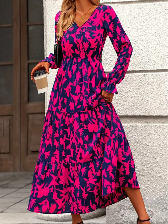 Damen Maxikleid mit V-Ausschnitt und voluminösen Ärmeln EB