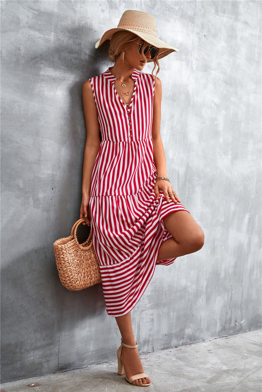 Damen Maxikleid mit gestreiftem Design, durchgehendem Knopfverschluss und voluminösem Saum EB