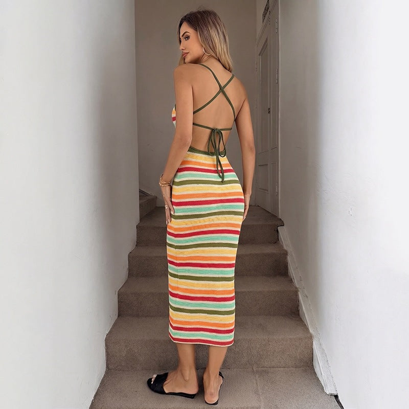 Damen Strick-Kleid im lässigen Streifenmuster mit schmalen Spaghetti-Trägern EB