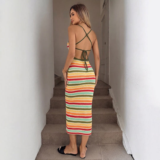 Damen Strick-Kleid im lässigen Streifenmuster mit schmalen Spaghetti-Trägern EB