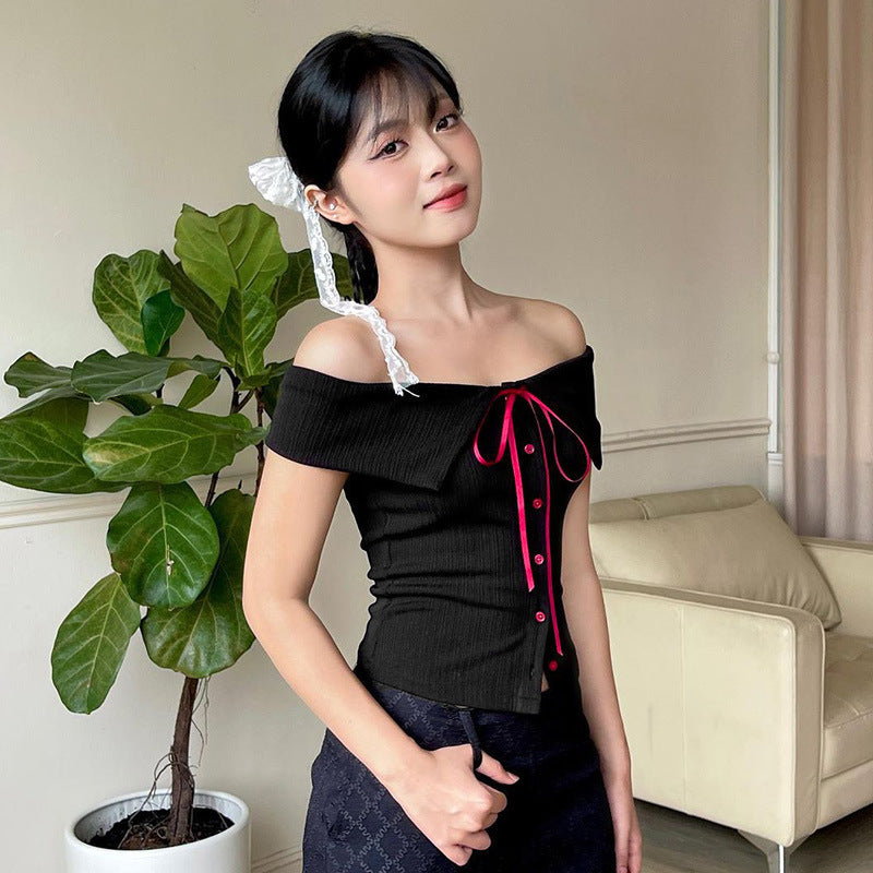 Damen Off-Shoulder Bluse mit Kontrastknöpfen und Taillenband EB