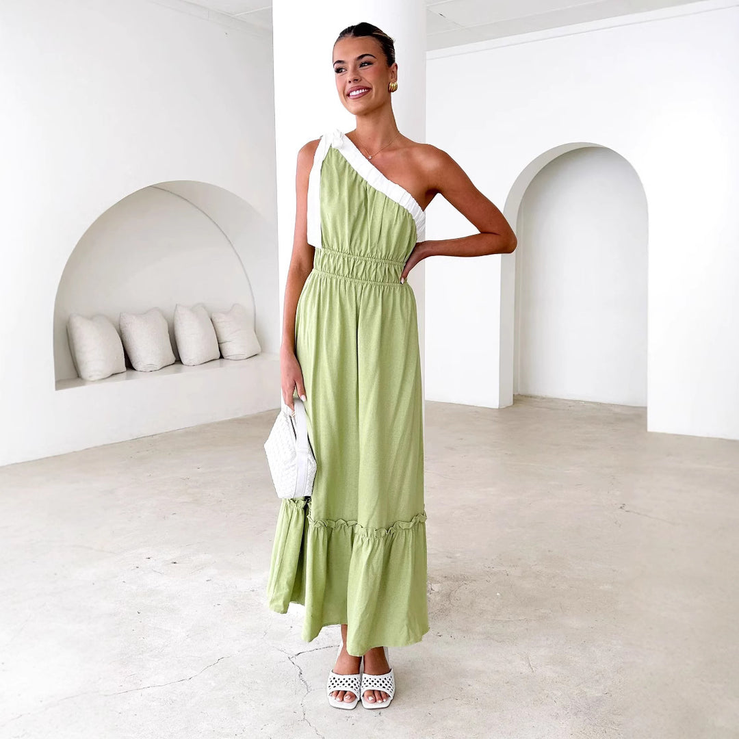 Damen Maxikleid mit asymmetrischem Schulterdesign und fließendem Faltenrock EB