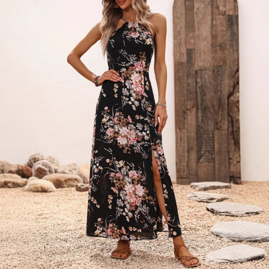Damen Maxikleid mit elegantem Halter-Ausschnitt und floralem Design EB