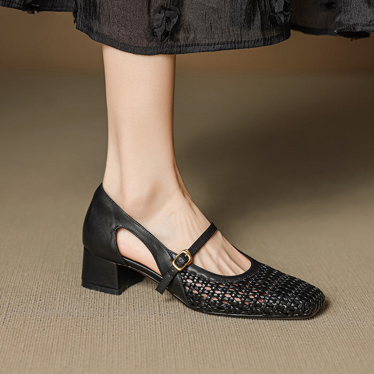 Damen elegante Mary Jane Pumps mit modischem Geflecht und bequemem Blockabsatz EB