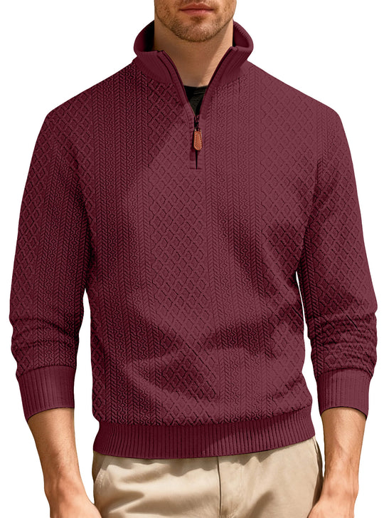Herren nan feinstrukturierter Halbzip-Pullover im Jacquard-Relief mit hohem Stehkragen und Leder-Zipper EB