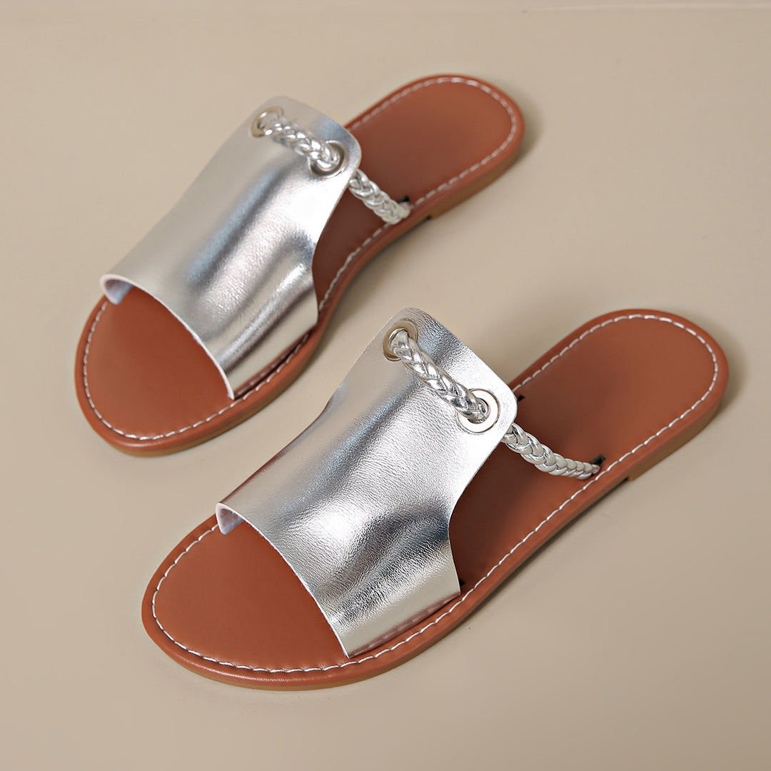 Damen nan elegante flache Pantolette mit breitem Obermaterial und geflochtenem Zehenriemen EB