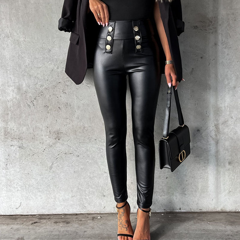 Damen imitat Leggings mit glänzender Oberfläche und dekorativen Knöpfen EB