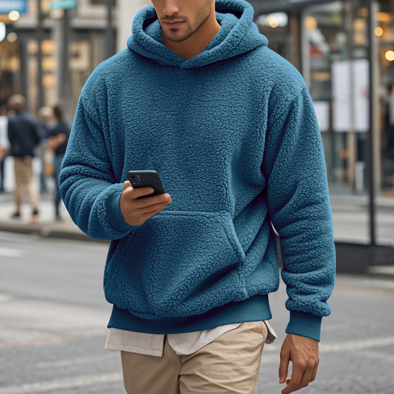 Herren Hoodie aus kuscheligem Teddy-Fleece mit Kängurutasche und breiten Bündchen EB